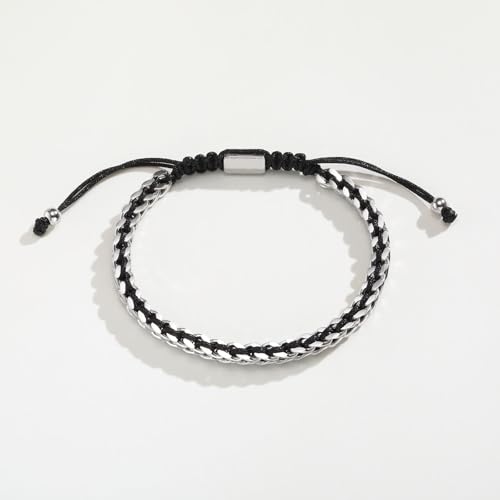 Rope & Chain Braided Link Bracelet for Men : Handmade Trendy Men's Stainless Steel Metal Non Tarnish Waterproof Link Chain Bracelet Stylish Minimal Jewelry Gift for Dad Son Boyfriend, Adjustable3