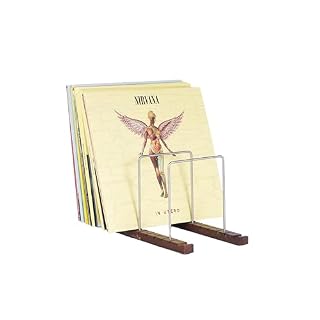 Decibelvibe Vinyl Record Storage and Record Player Stand, Now Playing Display with Stainless Steel and Solid Walnut Wood Premium Design, Up to 75 Vinyl records - Les Beatles, Paul McCartney, John Lennon, RIngo Starr, George Harrison