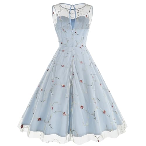 Image of Tulle Embroidery Floral Dress for Women Sleeveless Mesh Flower Embroidered Tulle Prom Dress Summer Wedding Tea Party Dress