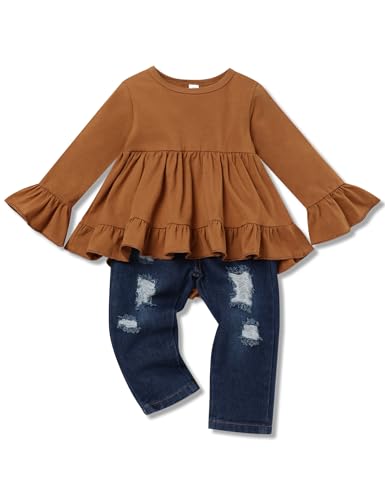 Image of Toddler Girl Clothes Long Sleeve Ruffle Dress Top and Jeans Pants Toddler Girl Fall Outfits