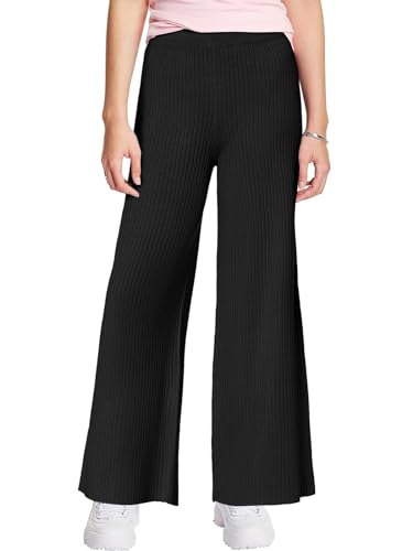 Image of Haloumoning Girls Solid Rib Knit Wide Leg Pants Elastic Waist Flowy Casual Sweater Pants 5-14 Years