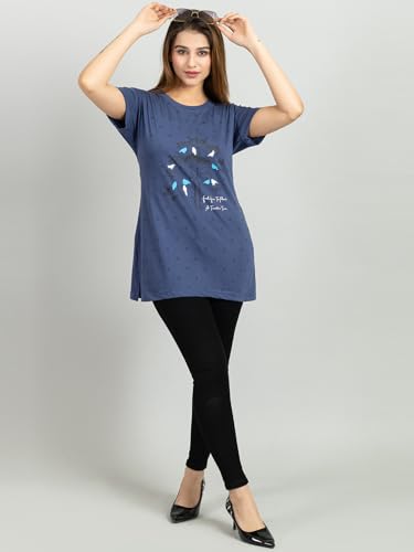 Image of Magknit Fancy Printed Both Side Cut Cotton Blend Half Sleeves and Lightwiegt Trendy Summer Long T Shirt for Women