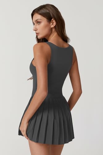 Image of QINSEN Womens Square Neck Tennis Dress Pleated Sleeveless Built in Shorts Golf Athletic Dress with Pockets