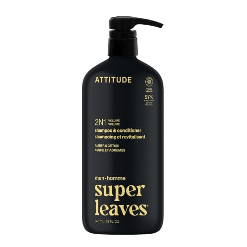Image of ATTITUDE Men's Shampoo and Conditioner 2-in-1, Volumizing for Thin Hair, With Rosemary and Rice Protein, 97% Natural Origin Ingredients, EWG Verified, Amber & Citrus, 32 Fl Oz