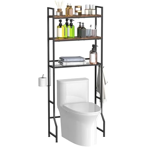NOVIMANGO Over The Toilet Storage, Over Toilet Bathroom Organizer 3 Tier, Above Toilet Storage Rack for Bathroom Freestanding Bathroom Space Saver with Metal Frame and 4 Hooks for Laundry, Brown Cover