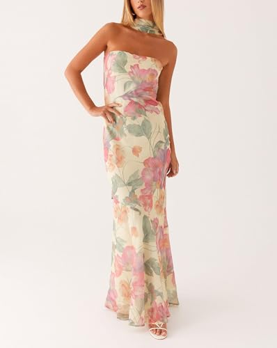 Women Strapless Floral Dress with Sarf Mesh Tube Maxi Dress Summer Cocktail Wedding Guest3