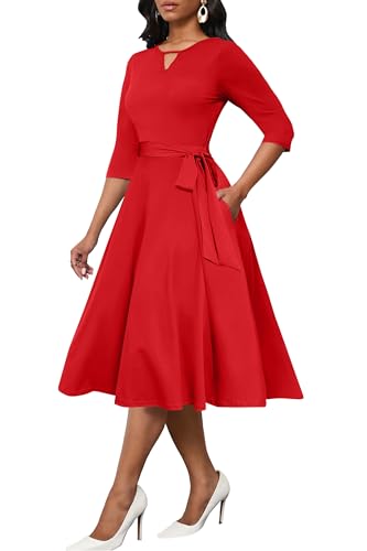 Image of CLOCOR Midi Dresses for Women Casual A-Line Fit and Flare Dress Crewneck 3 /4 Sleeve Keyhole Cocktail Party Church Dress
