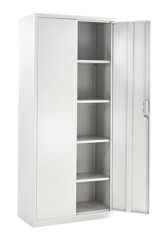 Metal Storage Cabinet with Lock 2 Door Lockable Office Storage Cupboard Tall Grey Unit 4 Adjustable Shelves 180cm Office Cabinet for Warehouse Workshop Garage Tool Cabinet (White 180H x 80W)