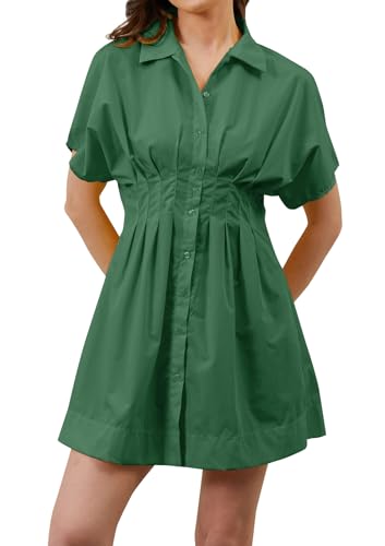 Image of calbatic Women Button Down Pleated Shirt Dress Striped Short Sleeve Summer Casual Business Flowy Mini Short Dress Dark Green