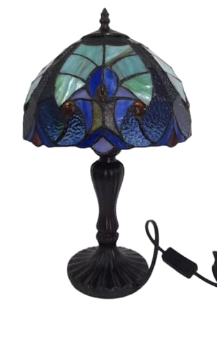 Image of Stained Glass Table Lamp, Blue Green with Antique Bronze Base, Decorative Bedside & Living Room Lamp (Free Bulb) (Design - 5) Free Bulb- 3 Color Options- Warm White, Cool White and Natural
