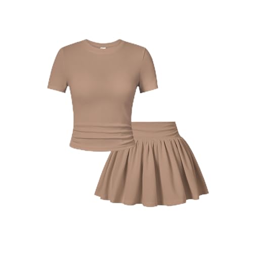 PATPAT Girls Skirt Sets Size 5-6 Years Brown Crop Tops and Elastic Waisted Pleated Skorts 2 Piece Outfits Girls Y2K Outfits Kids Clothes Summer Clothes Clothing Sets