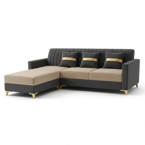 Image of CASASTYLE Signature Groovy 4-Seater L-Shape Sofa Set with Movable Ottoman | Flexible LHS /RHS Layout | Boston Fabric & Plush Cushions | 40D Foam + Zigzag Spring | 3-Yr Warranty (Dark Grey -Beige)