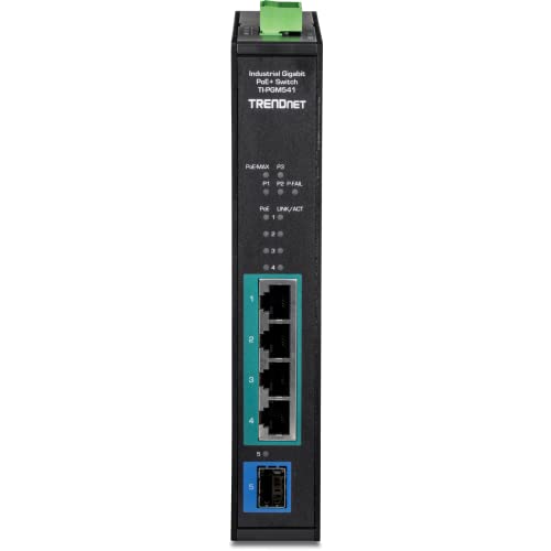 Image of TRENDnet 5-Port Industrial Gigabit PoE+ Switch, Wide Temperature Range -20 - 65C (-4 - 149F), DIN-Rail Switch, 50-55V DC, 4 x Gigabit PoE+ Ports, 1 x Gigabit SFP Slot, TI-PGM541, Black