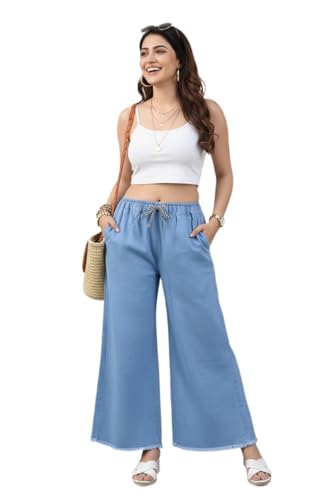 Image of Women's Denim Cotton Palazzo Pants, Mid Rise Relaxed Fit, Wide Leg Jeans Style, Casual Wear Trousers