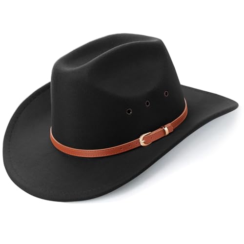 Image of DRESHOW Cowboy Hat for Women and Men Western Felt Cowboy Cowgirl Hat Wide Brim Belt Buckle Retro Fedora Hats Unisex Caps