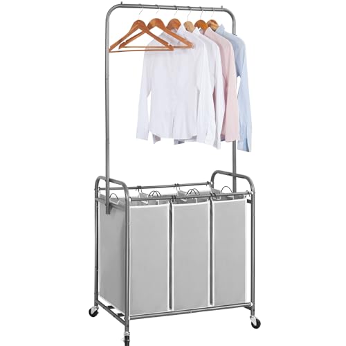 STORAGE MANIAC 136L Laundry Sorter with Hanging Bar, Portable, Removable Laundry Hamper Cart with Heavy Duty Rolling Lockable Wheels and Removable Bags, Rolling Laundry Basket Organizer, 3 Section