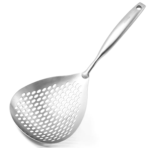 Skimmer Slotted Spoon Easy to Clean Solid Stainless Steel Skimmer Ladle Ergonomic Spoon Spider Strainer for Cooking Usage(silver,1)