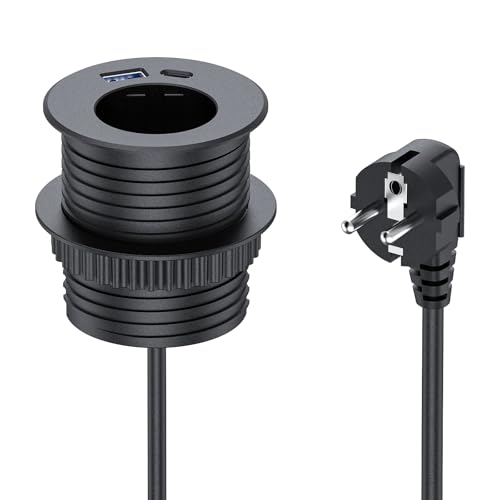 Enchufe empotrable con USB, enchufe retráctil con 1 USB-A, 1 USB-C para encimera de cocina, cable de 2 m de diámetro, 60 mm, color negro