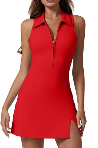 Qinsen Womens Tennis Dress With Shorts With Pockets Sleveless Polo Neck Workout Dresses Red M
