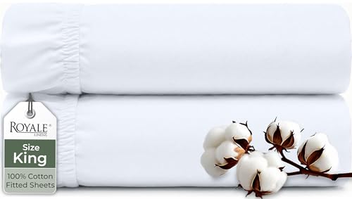 Image of Royale Linens 100% Organic Cotton 2 Pack Fitted Sheet - Percale Weave - Super Soft Deep Pocket Bottom Sheets - White Elastic Sheet King Size - King Fitted Sheets Only - (78 inchx80 inch+15 inch, White)