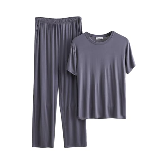 Modal Short Sleeve Pajama Set for Men Casual Comfy Crewneck Tops and Long Pant 2 Piece Sleepwear Loungewear Sets