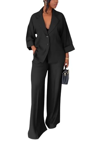 Casual Blazer Pants Suits for Women Dressy Oversized Long Sleeve Blazer and Wide Leg Pants 2 Piece Outfits
