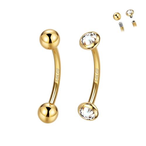 2 Pcs 14k Gold Filled Eyebrow Rings, 16G Threaded Rook Piercing Jewelry, Surgical Steel Vertical Lip Labret Belly Tongue Ring Daith Earring Curved Barbells