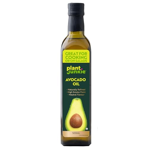 Plant Junkie Naturally Refined Avocado Oil - Neutral Flavour, High Smoke Point Cooking Oil - Perfect for Keto and Paleo Cooking, Baking and Salad Dressing - 500ml