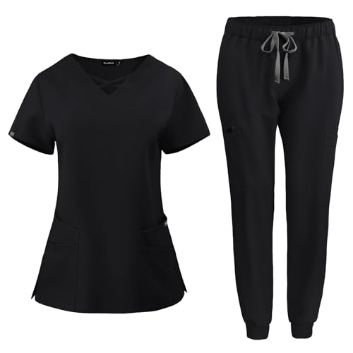 Image of VIAOLI Scrubs for Women Set Modern V-Neck Top & 8 Pocket Jogger Pants Nursing Uniform Solid Stretch Workwear