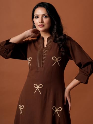 Image of INDO ERA Women's's Pure Cotton Embroidered Kurta Women | Floral Neck & Hem Embroidery | Cotton Kurta Women |