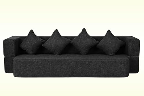 Image of C-Type Sofa Cum Bed 3-Seater Convertible Jute Fabric Sofa with 4 Cushions, Modern Space-Saving Design for Living Room & Guest Room (Black Color)