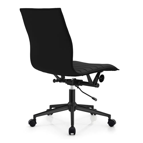 2xhome Modern Office Desk Chair | Upholstered PU Leather Ribbed Armless Mid Back with Metal Frame | Adjustable Height, Tilt Lock | Computer, Home, Executive, Conference, Meetings, All Black - Thumbnail 6