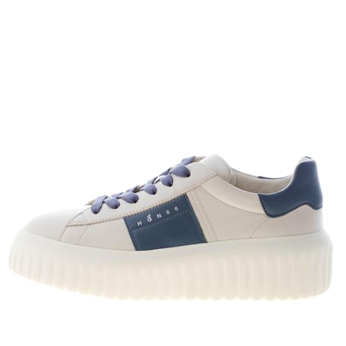 Collezione: Primavera-Estate Hogan Donna H645 Sneaker H-Stripes in Pelle Avorio e Avio con Logo 86 Color Bianco Size 39