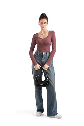Image of SUUKSESS Women Sweetheart V Neck Long Sleeve Tops Lace Trim Ribbed Modal Fall Going Out Shirts