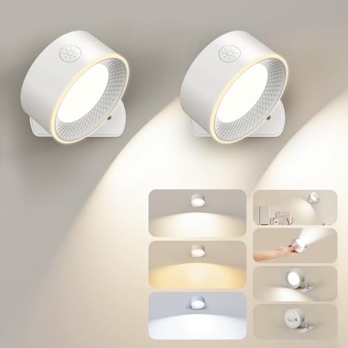 Giliwosy 2 Stück LED Wandleuchte Innen, 3 Farbmodi, 360° Magnetisch Drehbar, USB-C Aufladbar, Wandlampe Akku Dimmbar für Schlafzimmer, Wohnzimmer, Kinderzimmer Treppenhaus Flur-Weiß