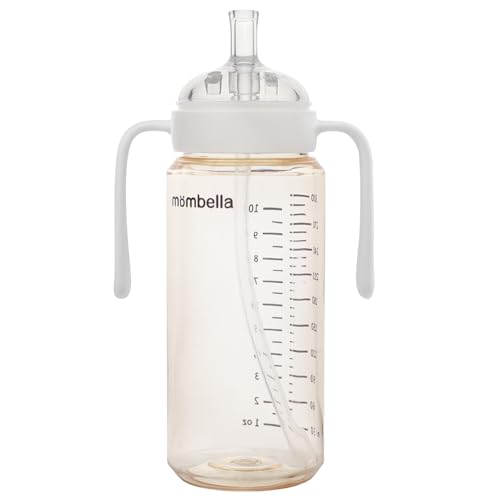 Mombella Classic PPSU Baby Bottles with Extra Fast Flow Nipple for 6 Months+, Anti Colic Infant Feeding Bottle with Straw n Handle, Two Air Free Vent Bottles for Breastfeeding Babies, 10 oz, Ivory