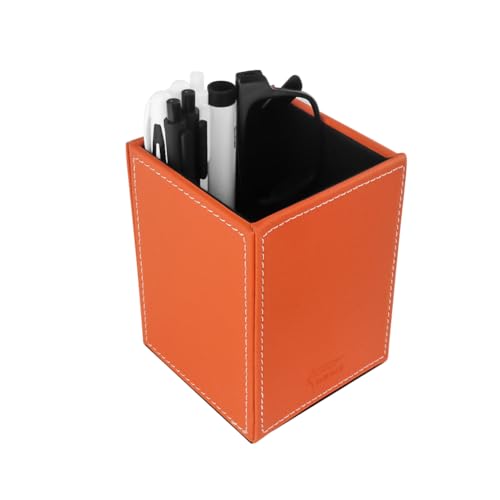 Image of Pen Pencil Holder Cup Container PU Leather Desk Organizer Stand Decor Brush Scissor Holder Decoration Office Desk Home School (Orange, 3.54 inch x 3.54 inch x 4.72 inch)