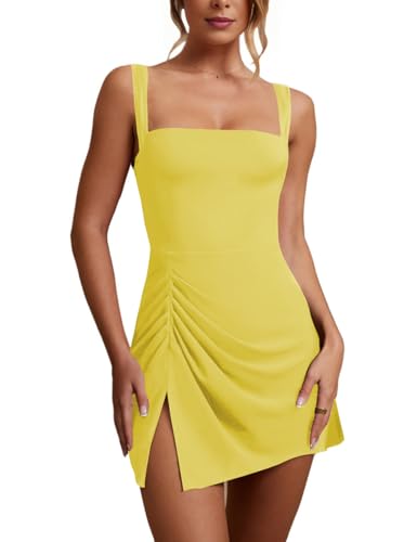 Image of Women's Sexy Sleeveless Square Neck Bodycon Ruched Split Party Club Mini Tank Short Dress