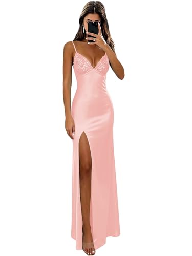 Eightale Blush Pink Satin Mermaid Bridesmaid Dresses Long Silk Lace Sequin Prom Dress Slit Maxi Formal Evening Party Gown Floor Length Size 00
