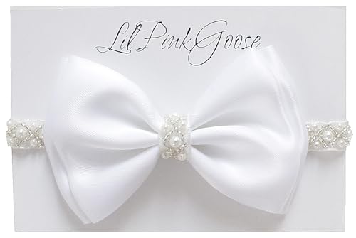 0-12 Newborn Baby Baptism Pearl Headband with Bow in WHITE Christening Headband with Satin Bow, Pearl Rhinestone Band(White,6-12Months)