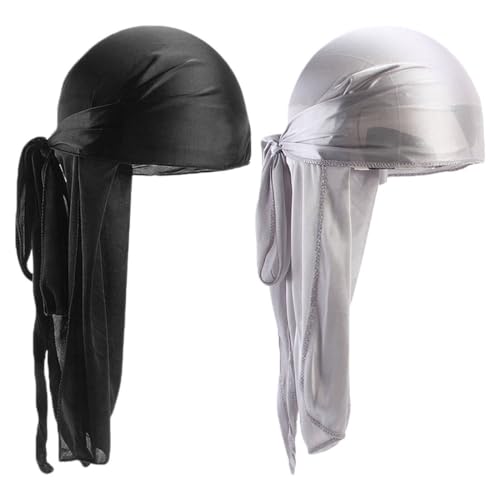2 PCS Silky Durag, Unisex Durag Wide Pirate Hair Bands para la caída del cabello, turbante para mujeres y hombres Hip-Hop y decoración diaria (negro+gris plateado)