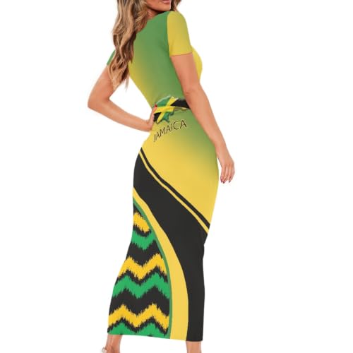 Image of Womens Short Sleeve Jamaican Flag Midi Bodycon Dress