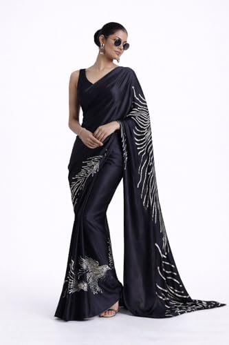 Image of Japan Satin Floral Print Saree for Women with Blouse Piece - Satin Finish Draped Saree