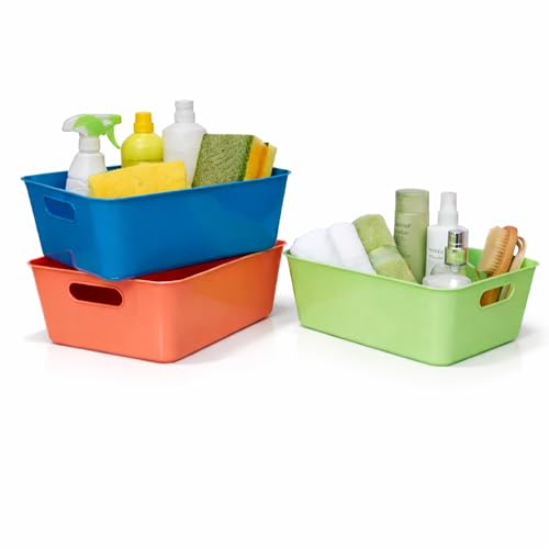 Image of Plastic Storage Organizer Bins with Handles (Pack of 3) | Multipurpose Storage Basket for Kitchen, Pantry, Bathroom, Office & Kids Room | Stackable Durable Storage Containers for Home Organization