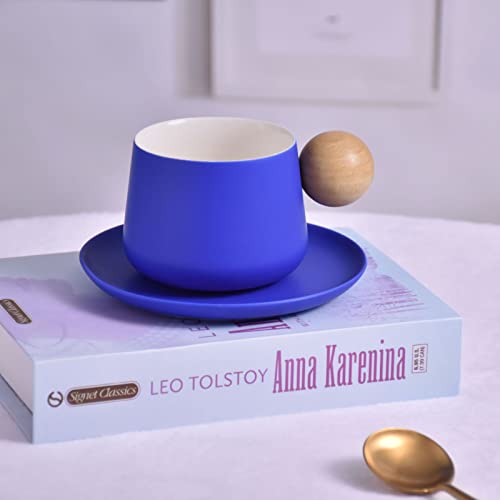Koythin Ceramic Coffee Mug With Saucer Set, Cute Creative Cup With Round Wooden Handle Design For Office And Home, 10 Oz/300 Ml For Latte Tea Milk (Bright Blue) #TOP5