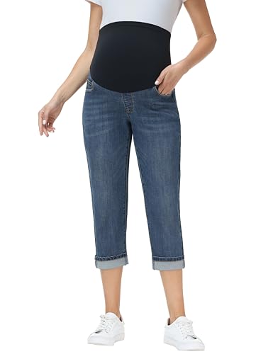 V VOCNI Womens Maternity Jeans Capri Over Belly Cuffed Denim Capris Pregnancy Cropped Pants with Pockets Retro Blue Medium