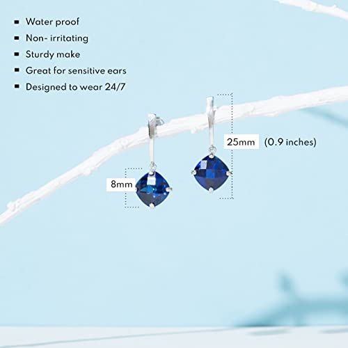 14K White Gold Solitaire Cushion Cut Created Blue Sapphire Drop Dangle Earrings For Women 8Mm September Birthstone With Push Backs By Max + Stone #TOP2