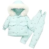  SXSHUN Enfant Combinaison de Ski Garçon Ensemble Doudoune Chaud Duvet Veste à Capuche Pantalon de Ski Coupe Vent Snowsuit, Vert, 2 Ans