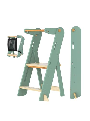Image of GROWNSY Foldable Step Stool Toddler Tower, Toddler Kitchen Stool Helper, Collapsible Kids Standing Tower with 3 Adjustable Heights and Safety Net for Kitchen Bathroom Sink Counter (Green)