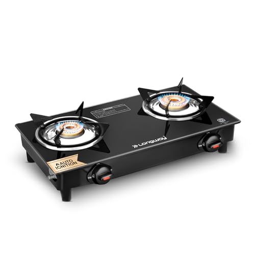 Image of Longway Furn Glass Top | 2 Burner Auto Ignition Glass Gas Stove | ISI Certified with 2 Years Warranty (Black)